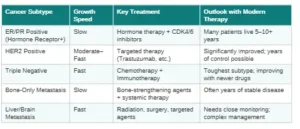Table showing Stage 4 breast cancer subtypes with growth speed, key treatment options, and outlook with modern therapy, including ER/PR positive, HER2 positive, triple negative, bone-only metastasis, and liver/brain metastasis categories.