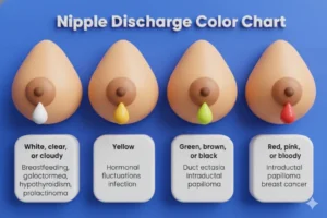 Medical infographic titled “Nipple Discharge Color Chart” showing four illustrated breasts with white, yellow, green, and red discharge examples and corresponding causes listed below.